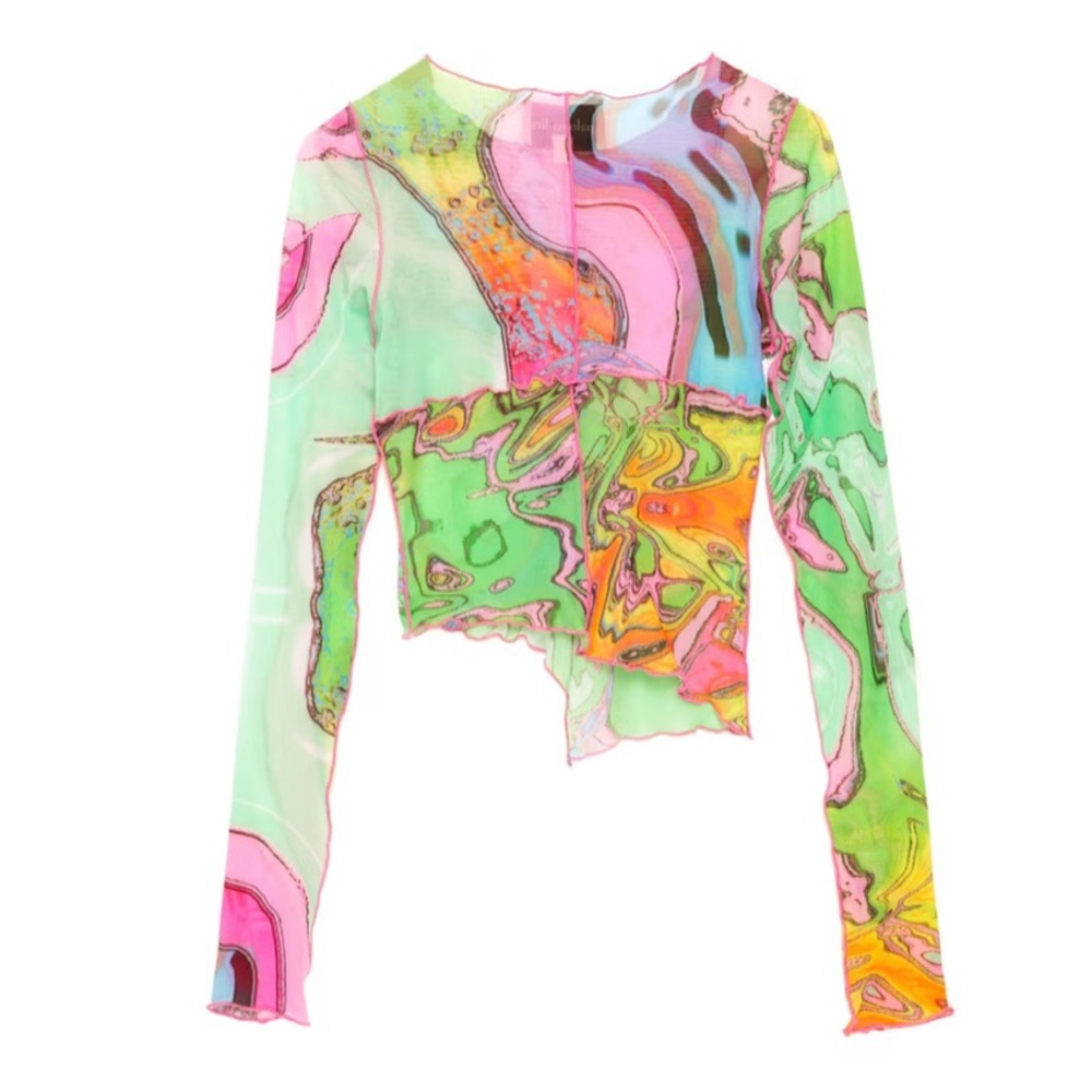NWOT Paloma Lira psychedelic sheer asymmetrical top XL - Picture 2 of 11